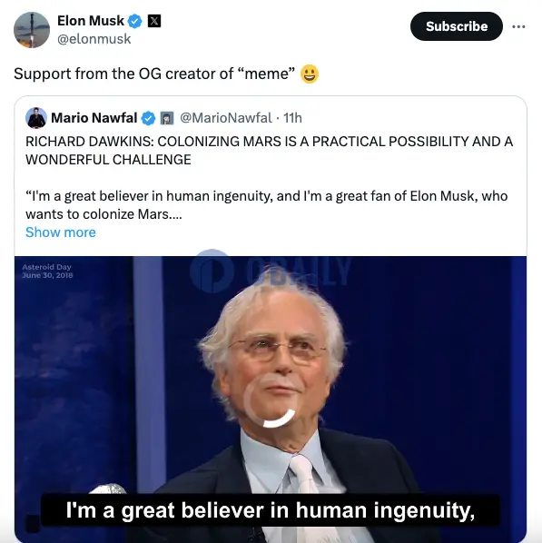 Elon Musk轉發火星移民相關帖子，並稱其來自“meme”OG創作者的支持